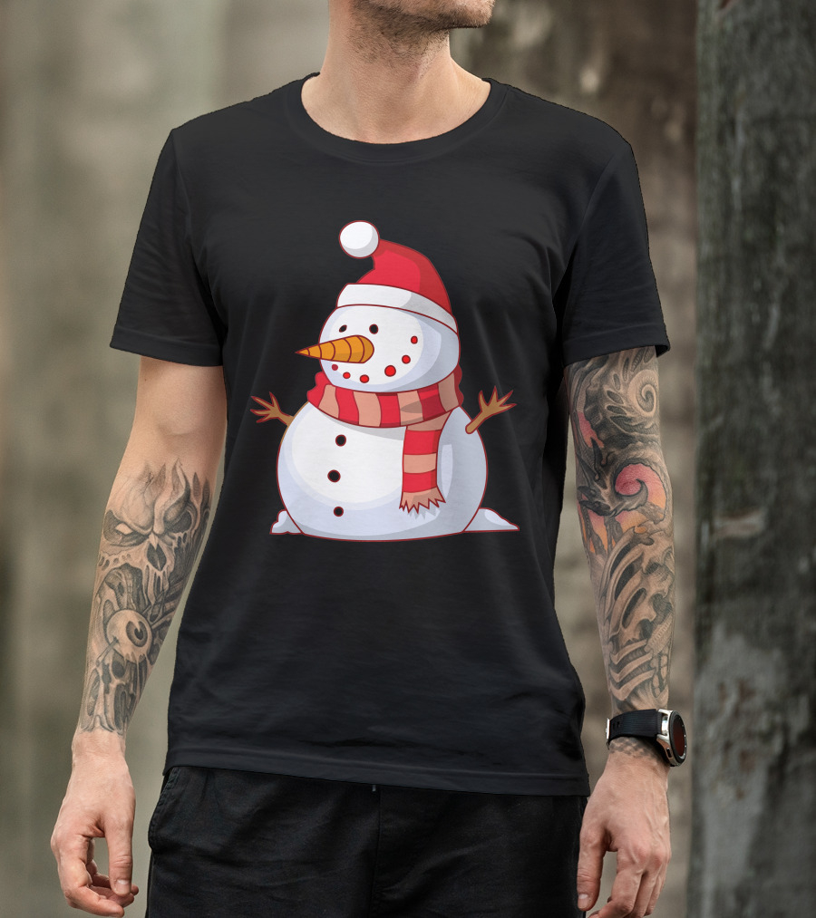 Festive Snowman With Red Santa Hat And Scarf T-Shirt