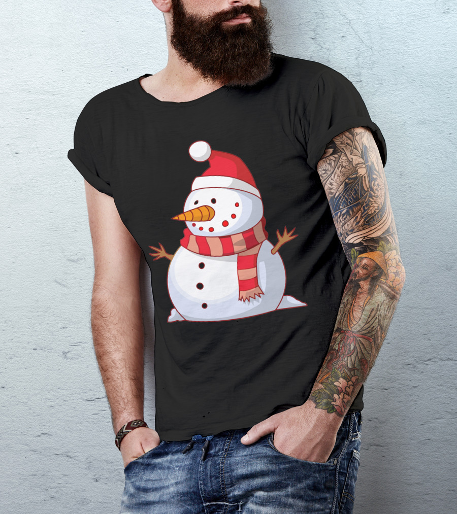 Festive Snowman With Red Santa Hat And Scarf T-Shirt