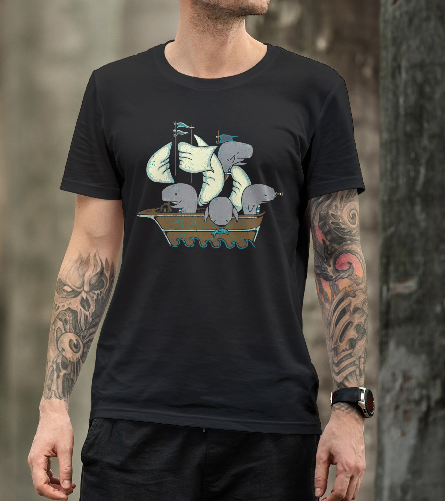 Sperm Whales Make Great Seamen Nautical Adventure With Whales As Sailors On Ship T-Shirt