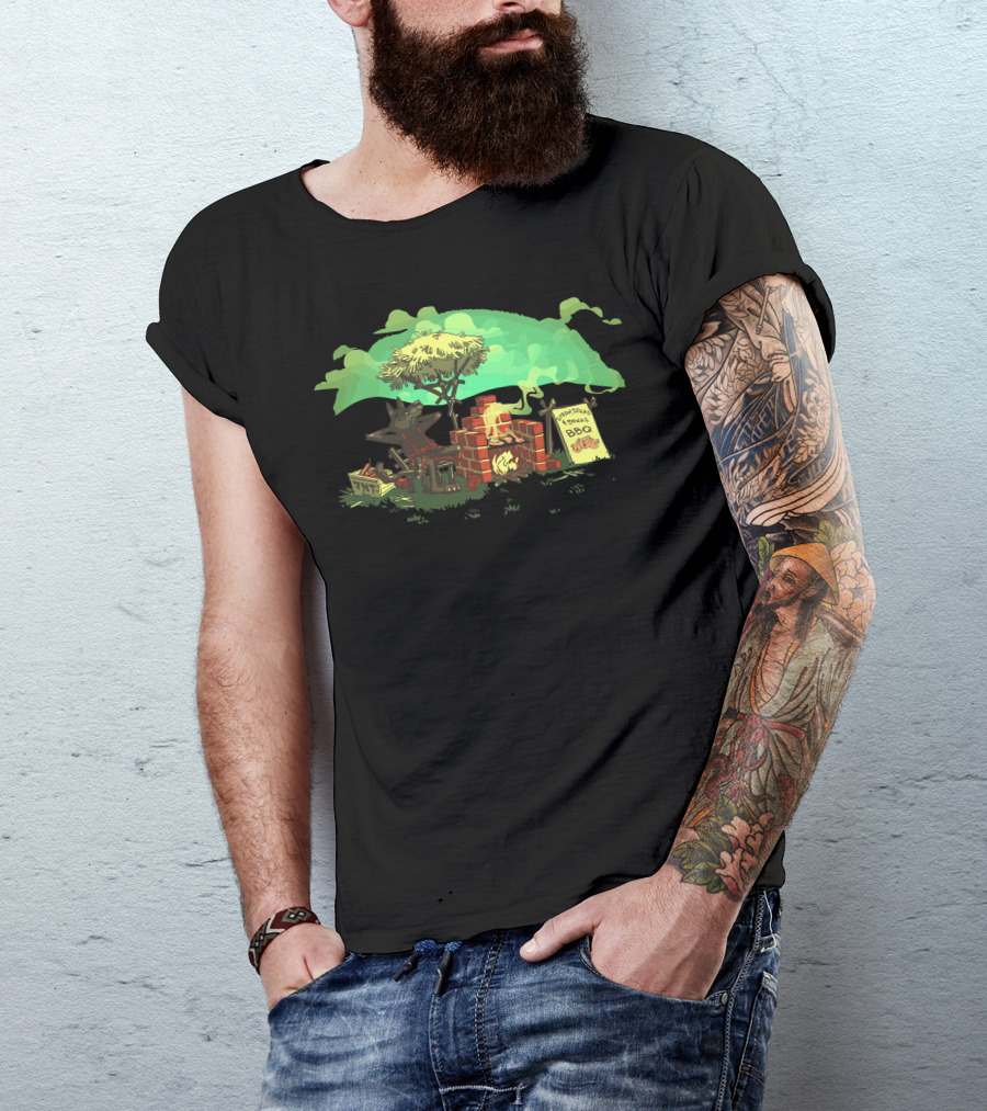 Straw Sticks Bricks BBQ Wolf Fire Pit Scene T-Shirt