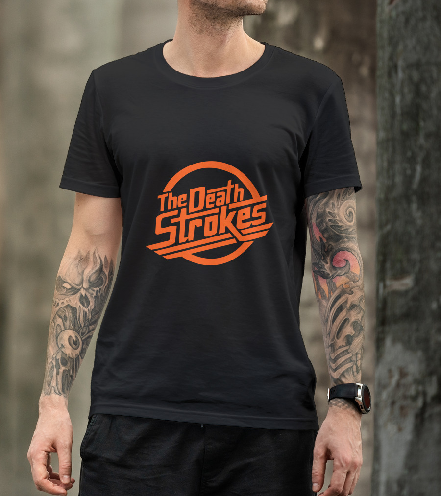 The Death Strokes Retro-Style Circular Orange Text T-Shirt