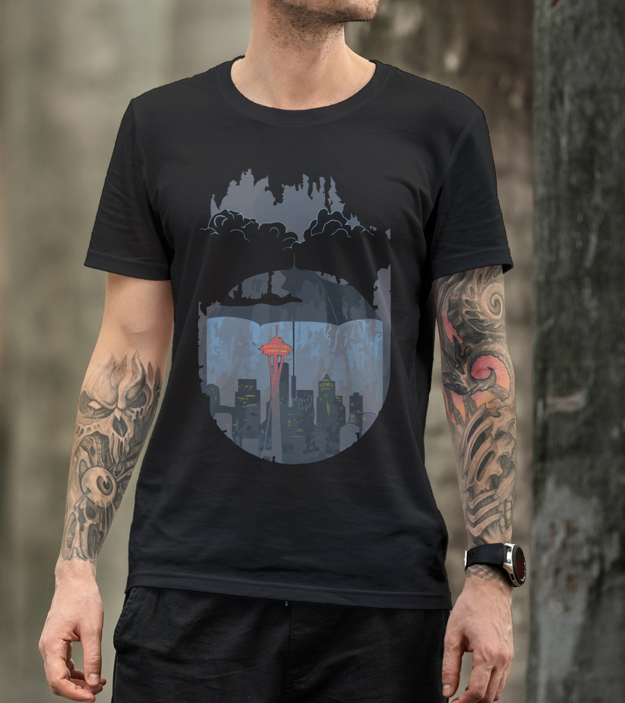 The Rainguard Seattle Space Needle Night Skyline Storm Clouds Umbrella T-Shirt