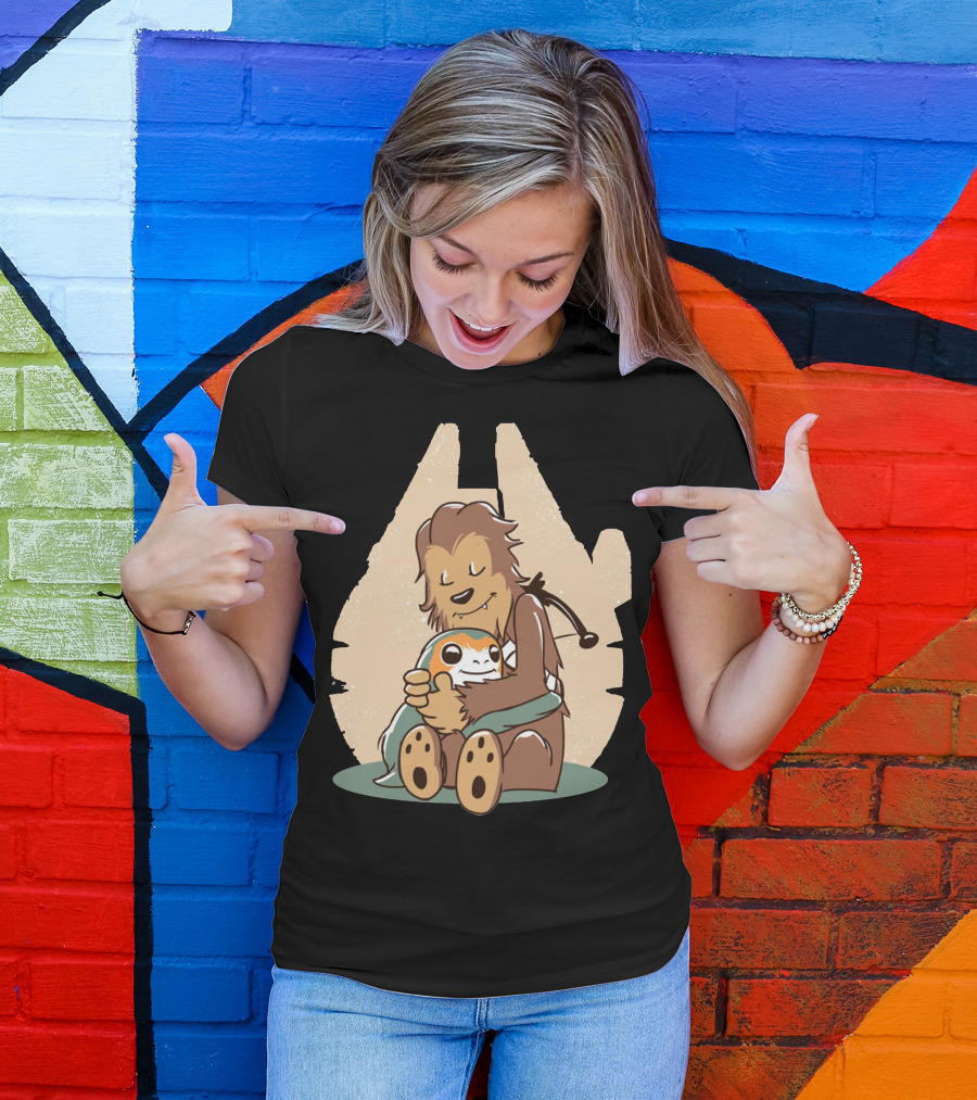 Calvin And Hobbes Millennium Falcon Chewbacca Porg Hug T-Shirt