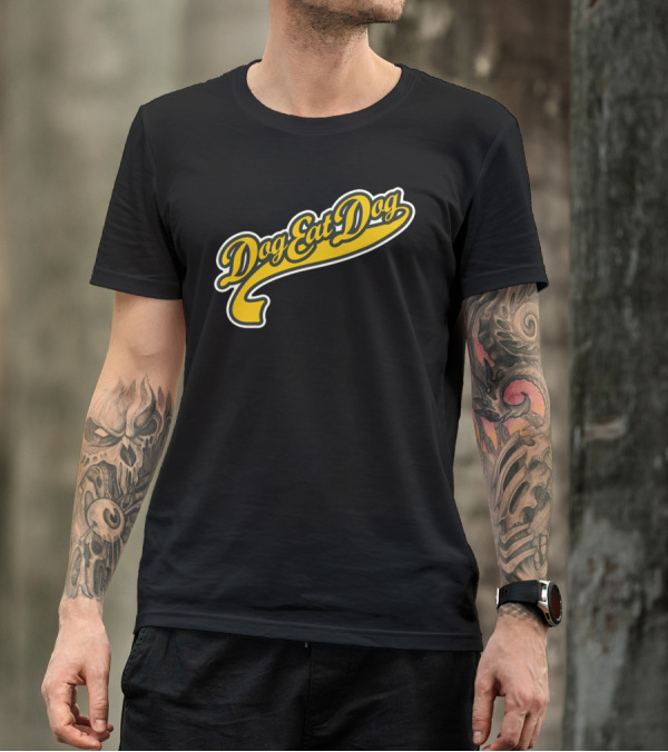 Dog Eat Dog Retro Script Text With Yellow Curve Decoration T-Shirt