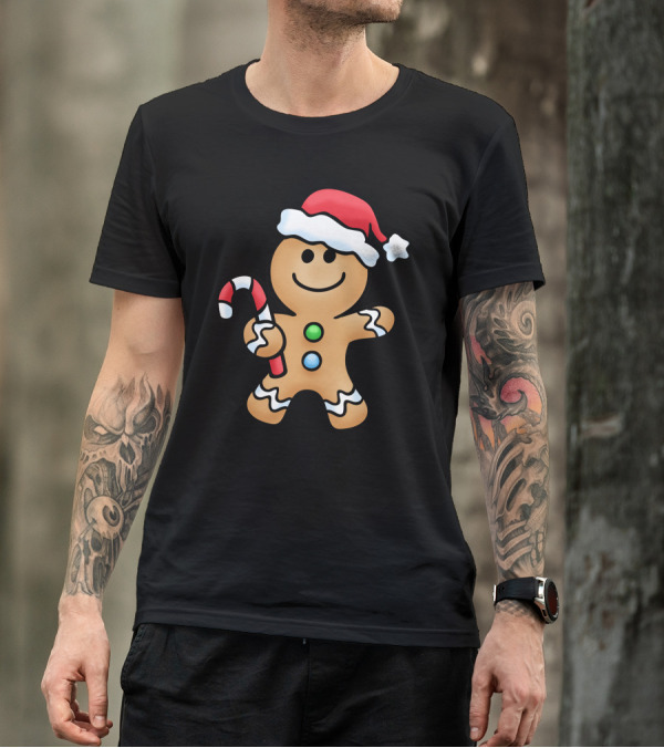 Gingerbread Santa With Candy Cane And Santa Hat T-Shirt