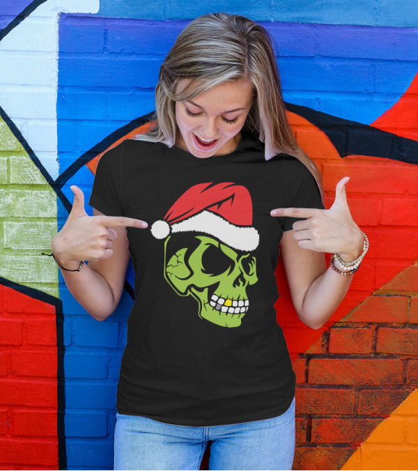Gold Tooth Green Skull Wearing Santa Hat T-Shirt