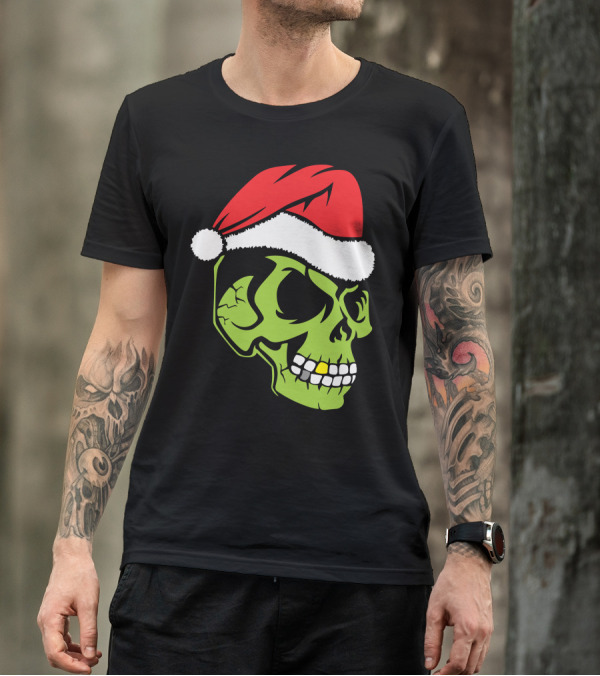 Gold Tooth Green Skull Wearing Santa Hat T-Shirt