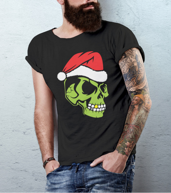 Gold Tooth Green Skull Wearing Santa Hat T-Shirt