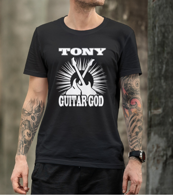 TONY Guitar God With Crossed Electric Guitars And Radiating Sunburst T-Shirt