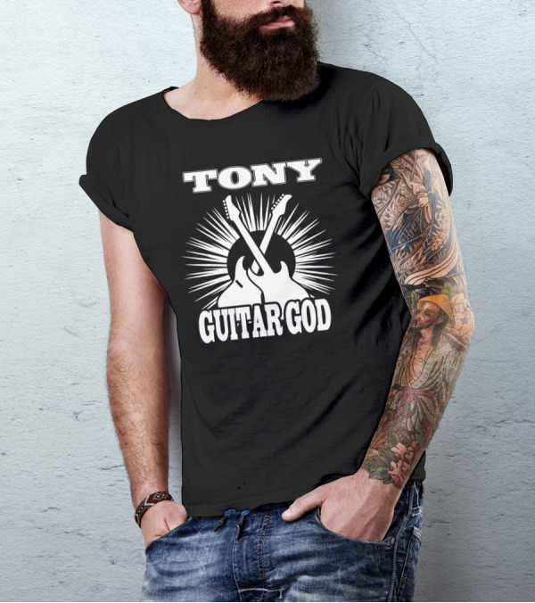 TONY Guitar God With Crossed Electric Guitars And Radiating Sunburst T-Shirt