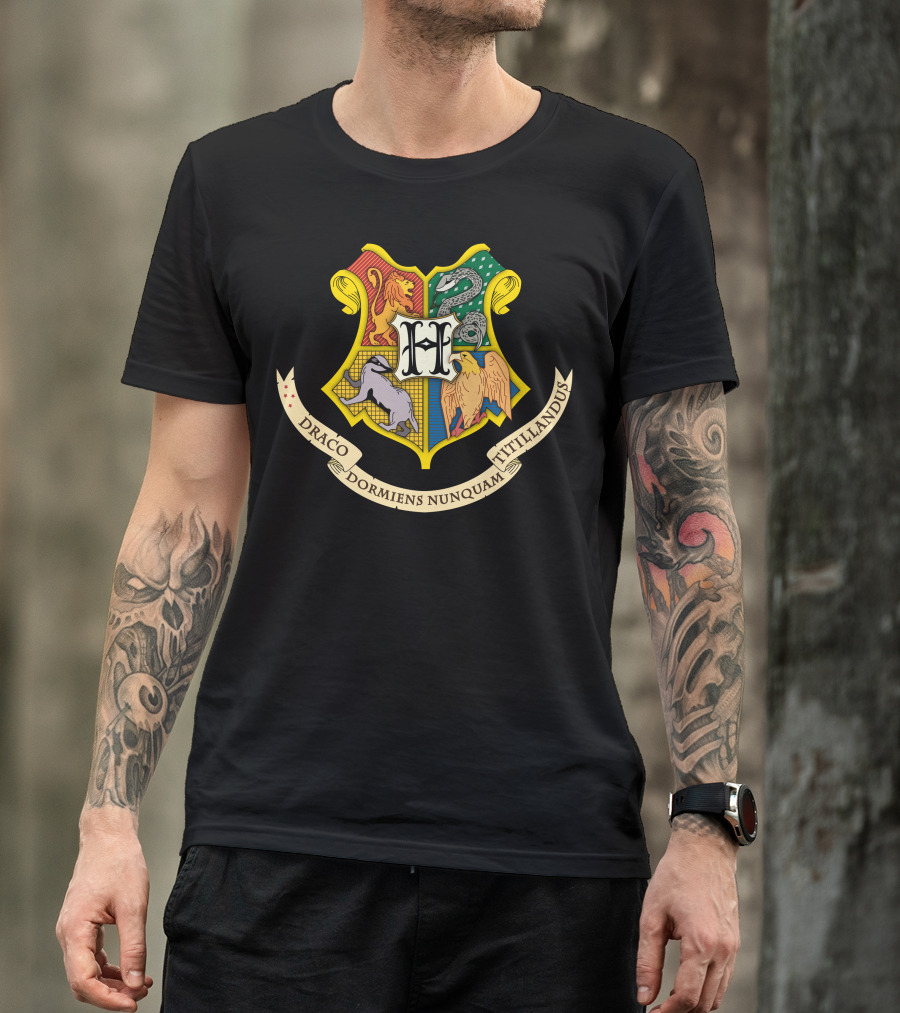 Hogwarts Crest With Draco Dormiens Nunquam Titillandus Motto T-Shirt