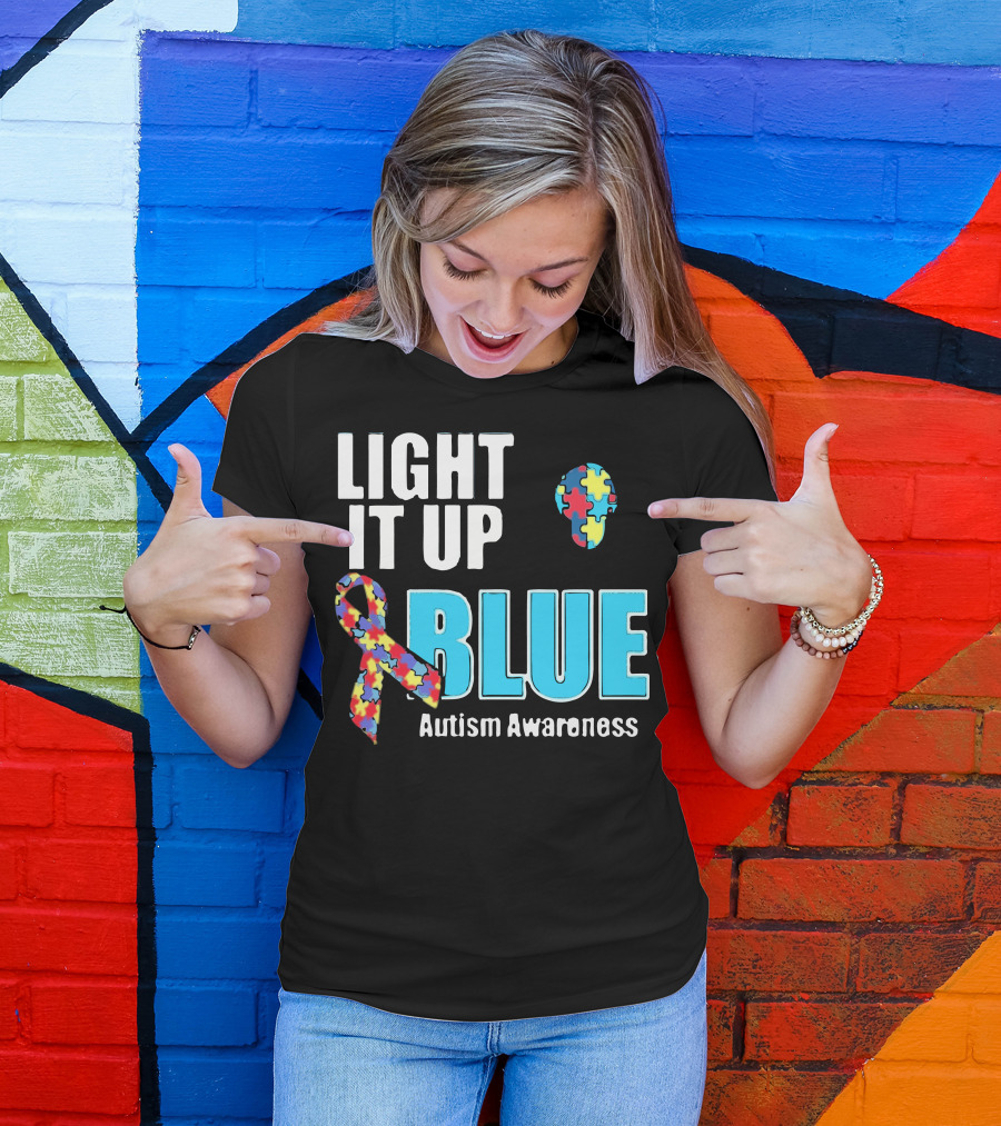 Light It Up Blue Autism Awareness Puzzle Ribbon And Head T-Shirt