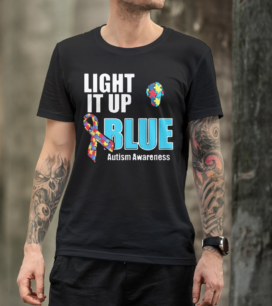 Light It Up Blue Autism Awareness Puzzle Ribbon And Head T-Shirt