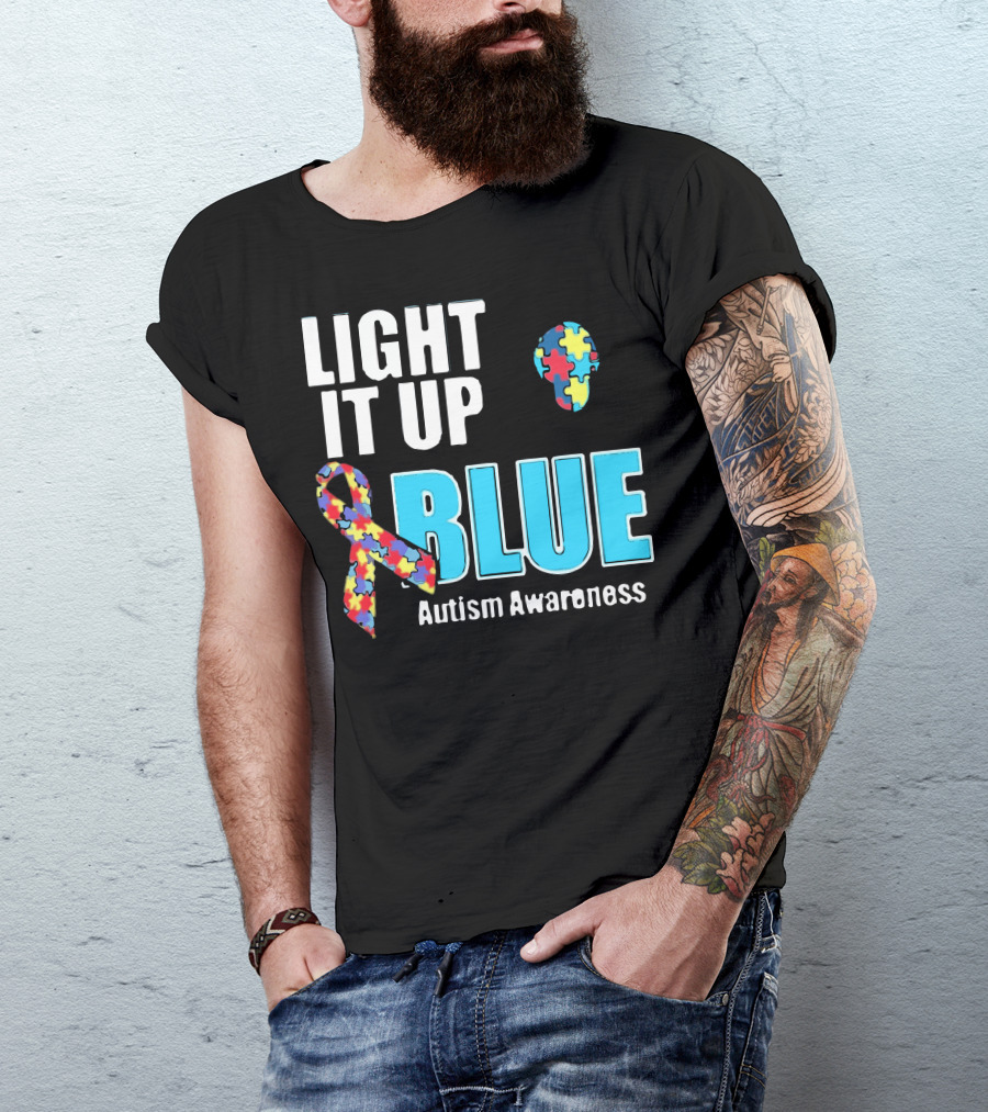 Light It Up Blue Autism Awareness Puzzle Ribbon And Head T-Shirt