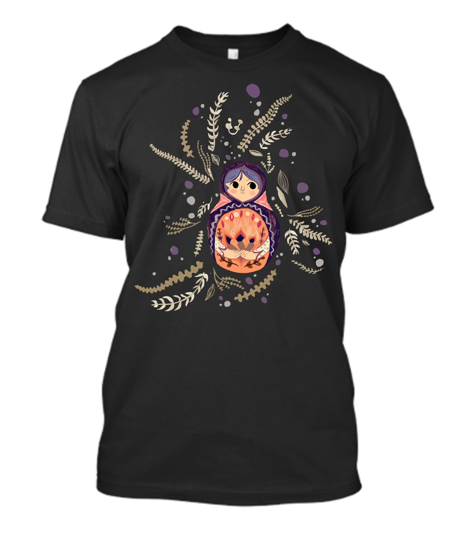 Little Miss Matryoshka Russian Nesting Doll Floral Ferns Bubbles T-Shirt