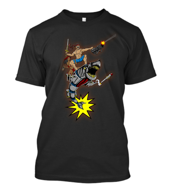 Manliest Thing Ever Seen Shark Riding Action Hero With Woman And Gun T-Shirt