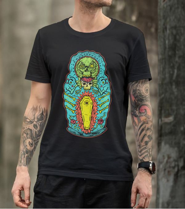 Matryoshka Muerta Skeleton Russian Nesting Doll With Coffin And Skulls T-Shirt