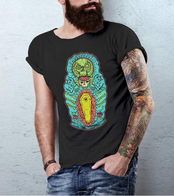 Matryoshka Muerta Skeleton Russian Nesting Doll With Coffin And Skulls T-Shirt