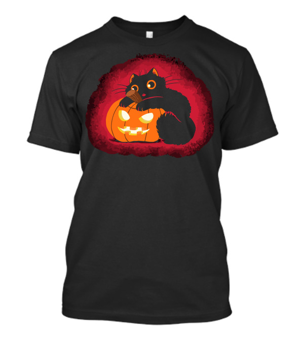 Meeooween Black Cat With Glowing Pumpkin Halloween T-Shirt
