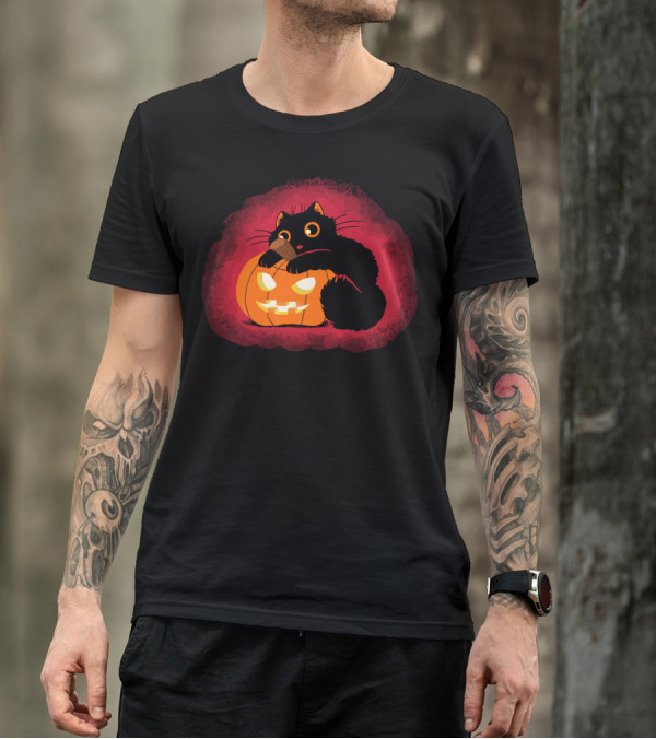 Meeooween Black Cat With Glowing Pumpkin Halloween T-Shirt