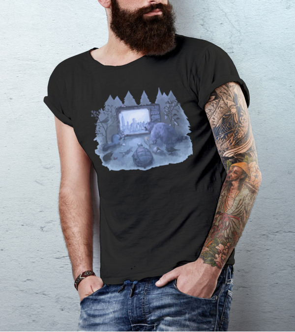 Nature Channel Forest Animals Watching City On Screen T-Shirt