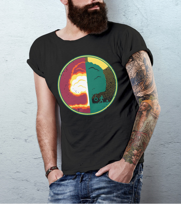 Nature Versus Destruction Symbol With Tree And Explosion Contrast T-Shirt