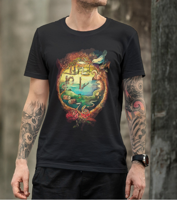 NatureS Time Enchanted Landscape With Roses And Clockwork Bird T-Shirt