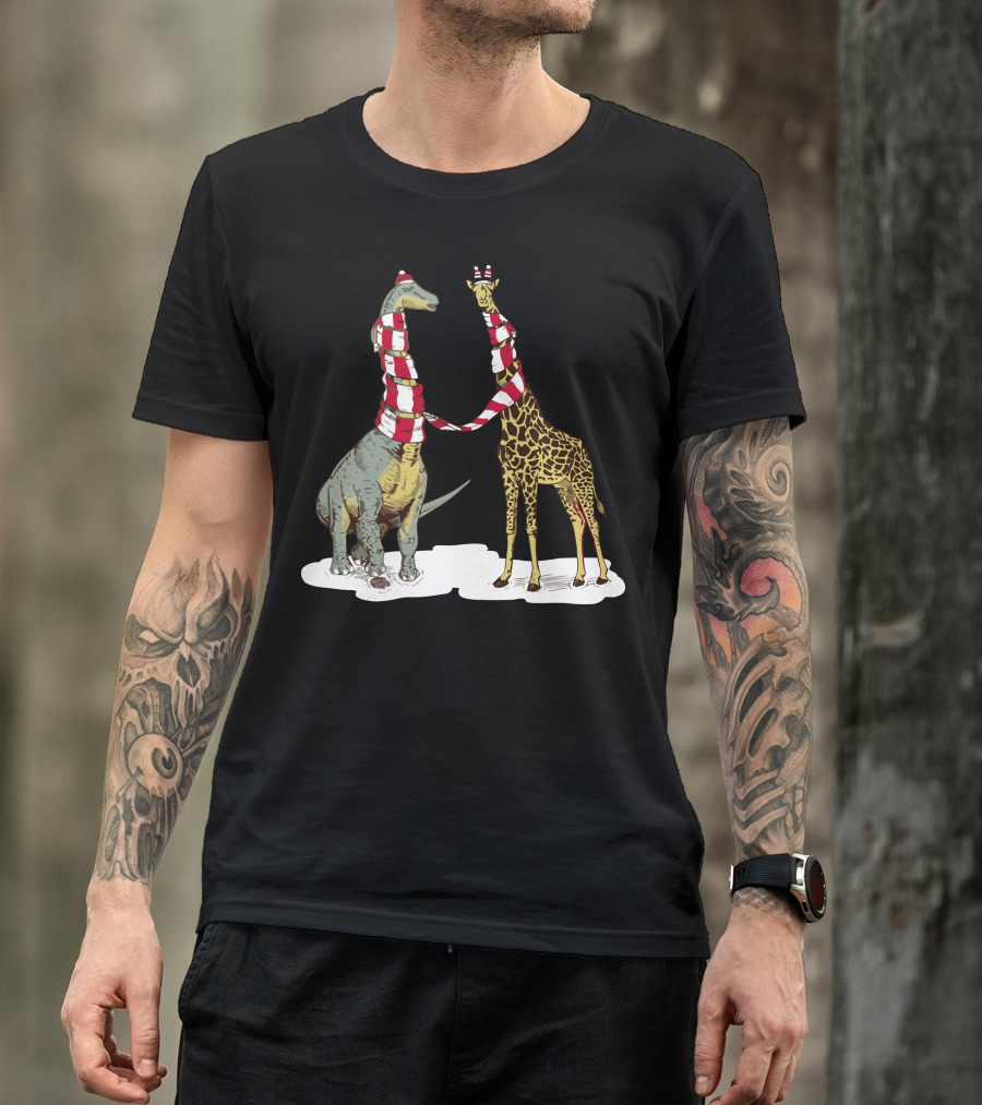 Neck The Halls Dinosaur And Giraffe In Christmas Scarves T-Shirt