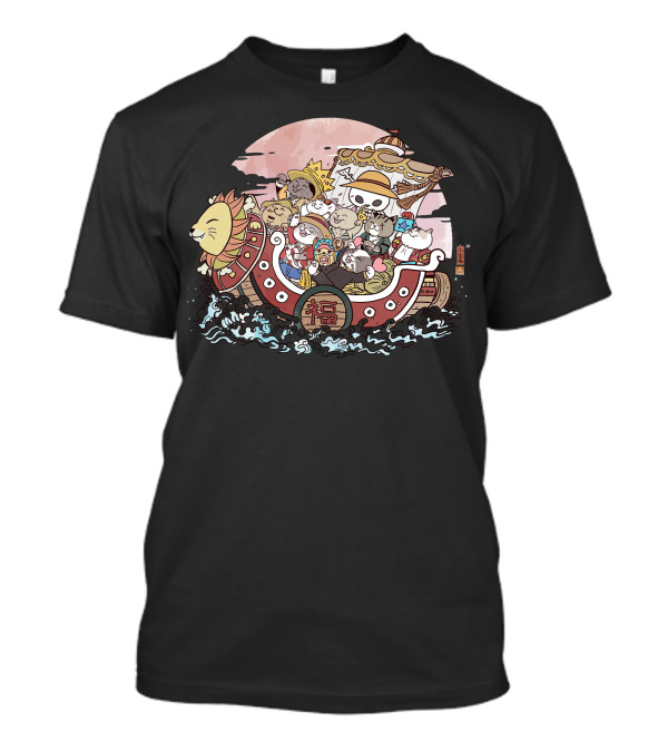 Neko Takarabune 福 Cats On Treasure Ship Moonlit Voyage T-Shirt