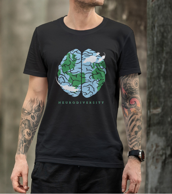 Neurodiversity Earth Brain Clouds Green Blue T-Shirt