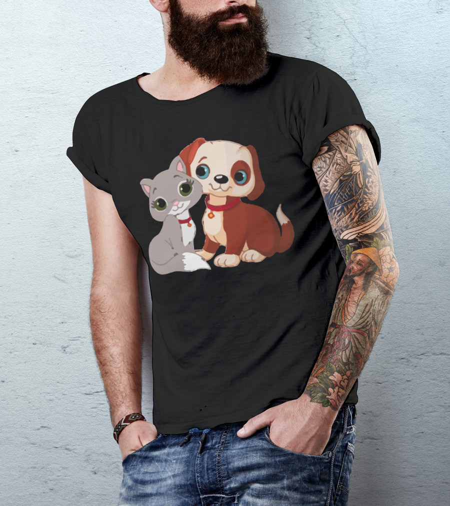 Adorable Puppy And Kitten Duo With Red Collars T-Shirt