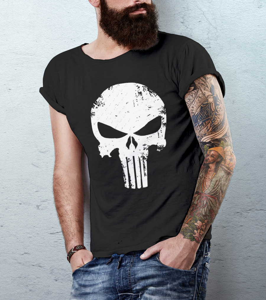 Punisher Skull Distressed White T-Shirt