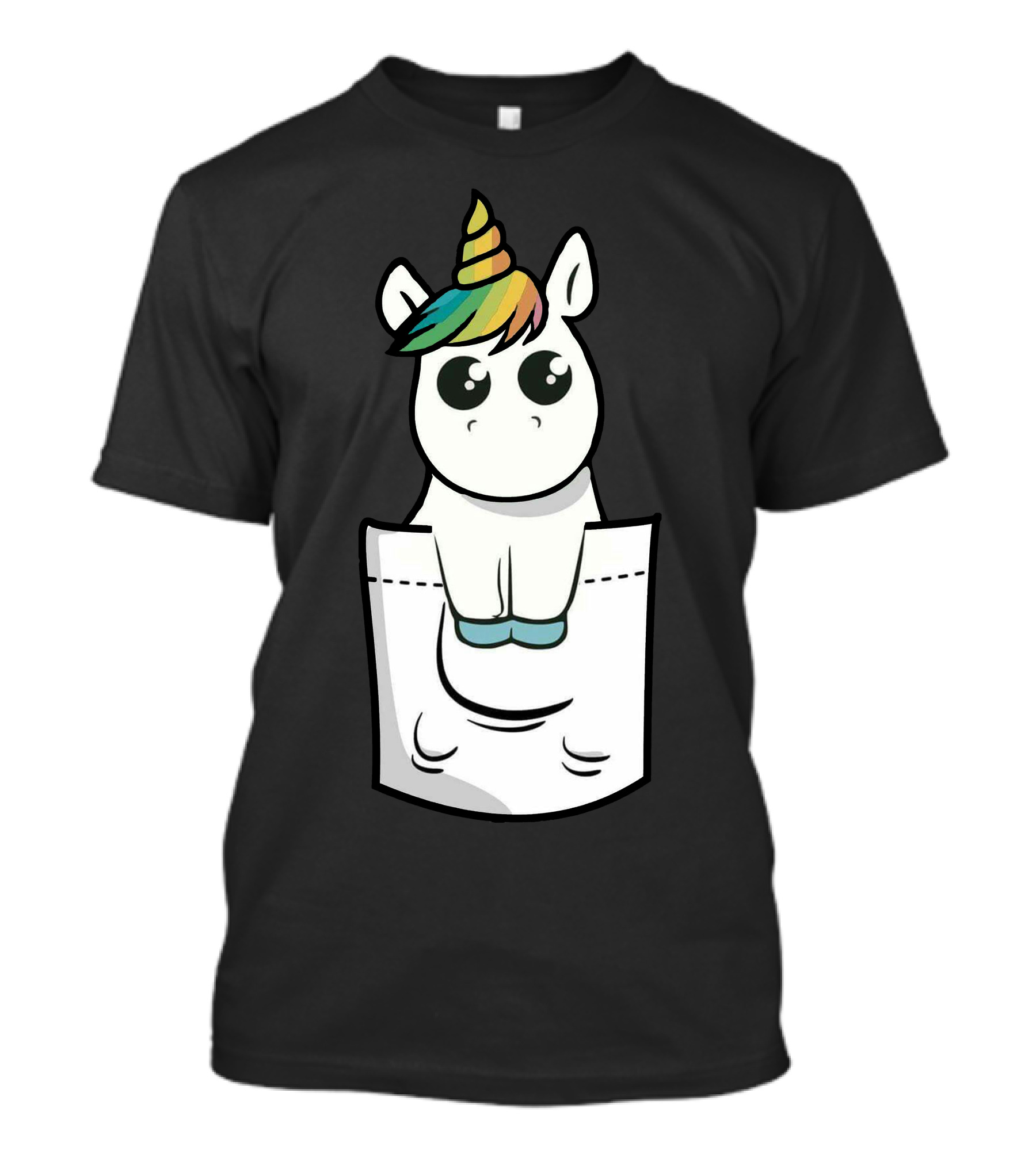Unicorn With Rainbow Mane Sitting In Pocket T-Shirt