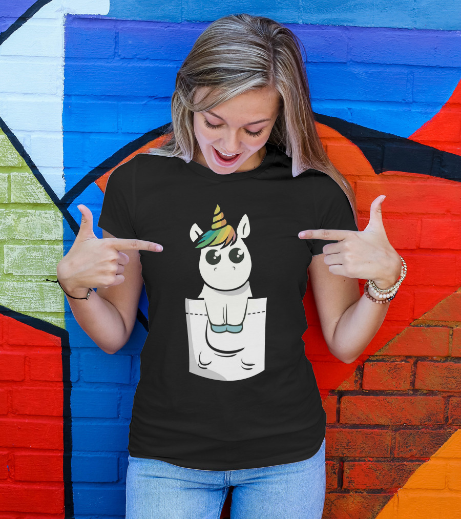 Unicorn With Rainbow Mane Sitting In Pocket T-Shirt