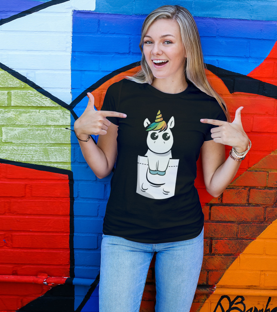 Unicorn With Rainbow Mane Sitting In Pocket T-Shirt