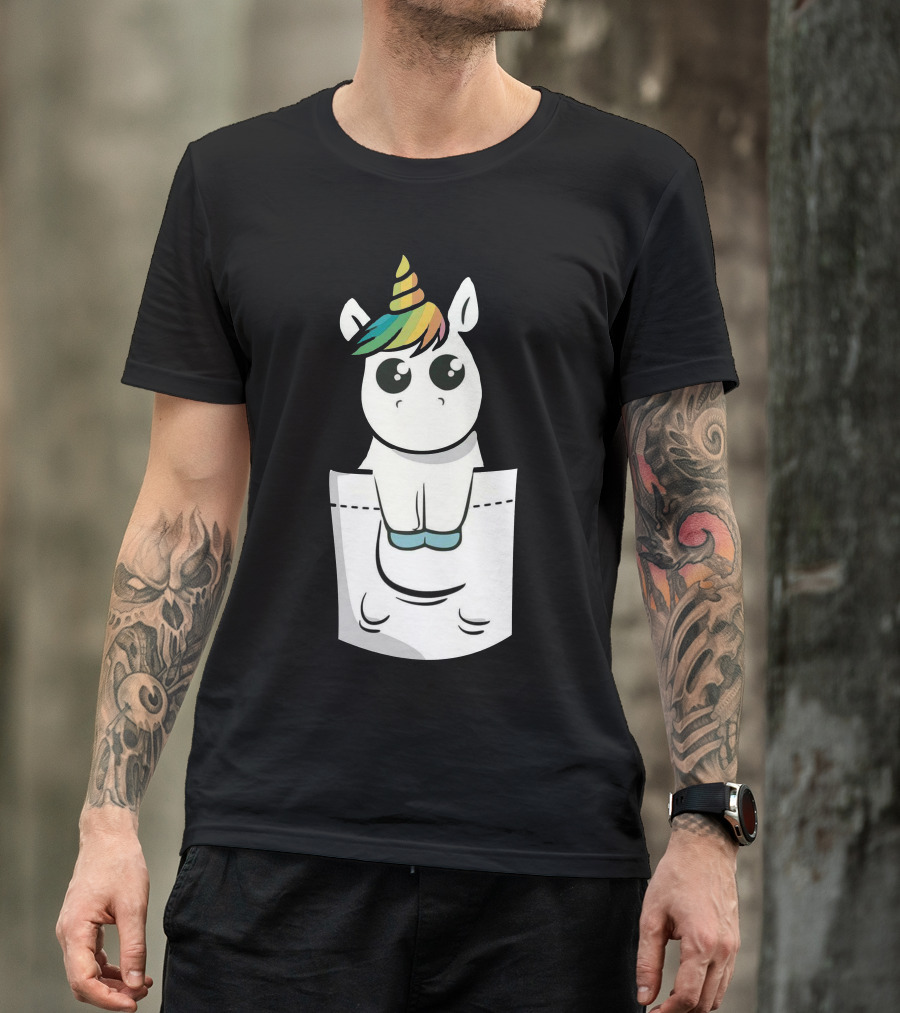 Unicorn With Rainbow Mane Sitting In Pocket T-Shirt