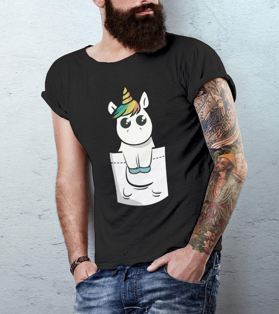 Unicorn With Rainbow Mane Sitting In Pocket T-Shirt