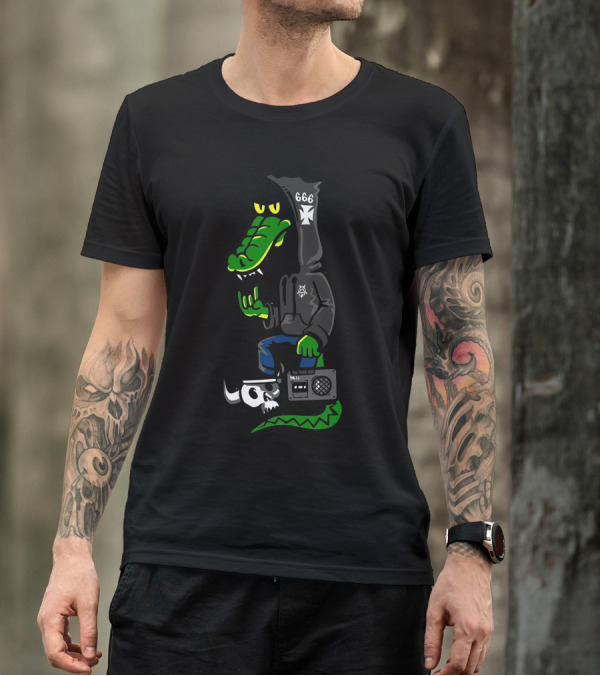 666 Hooded Crocodile With Skull And Boombox T-Shirt