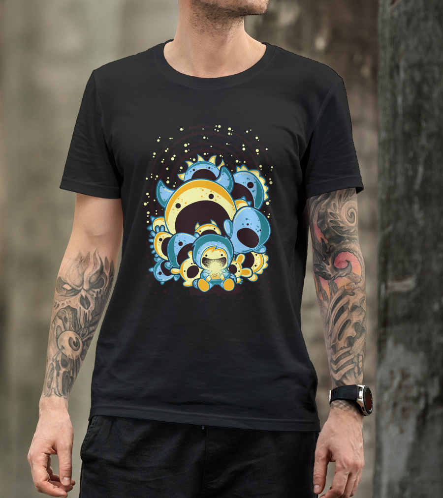 Child Surrounded By Cartoon Monsters In Blue And Yellow Shadows T-Shirt