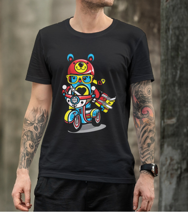 Chocotoy Bear Riding Scooter With Heart Helm And Glasses T-Shirt