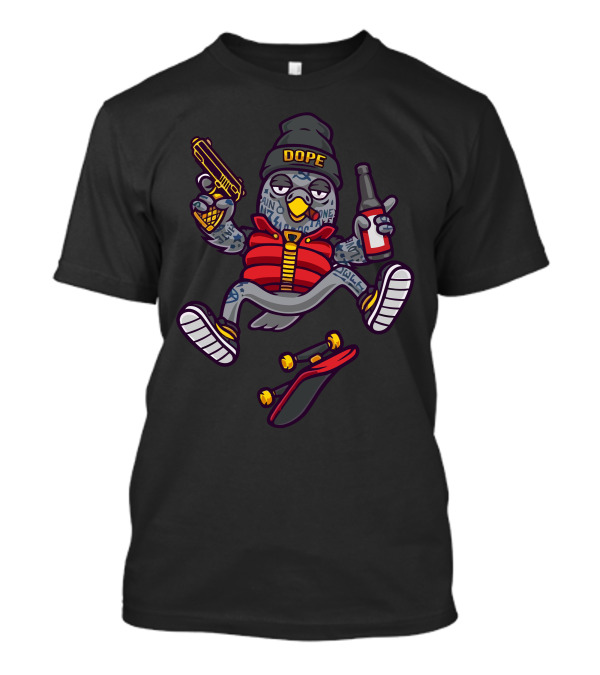 Dope Bird Gangster Style Beanie Bottle And Gun With Skateboard T-Shirt
