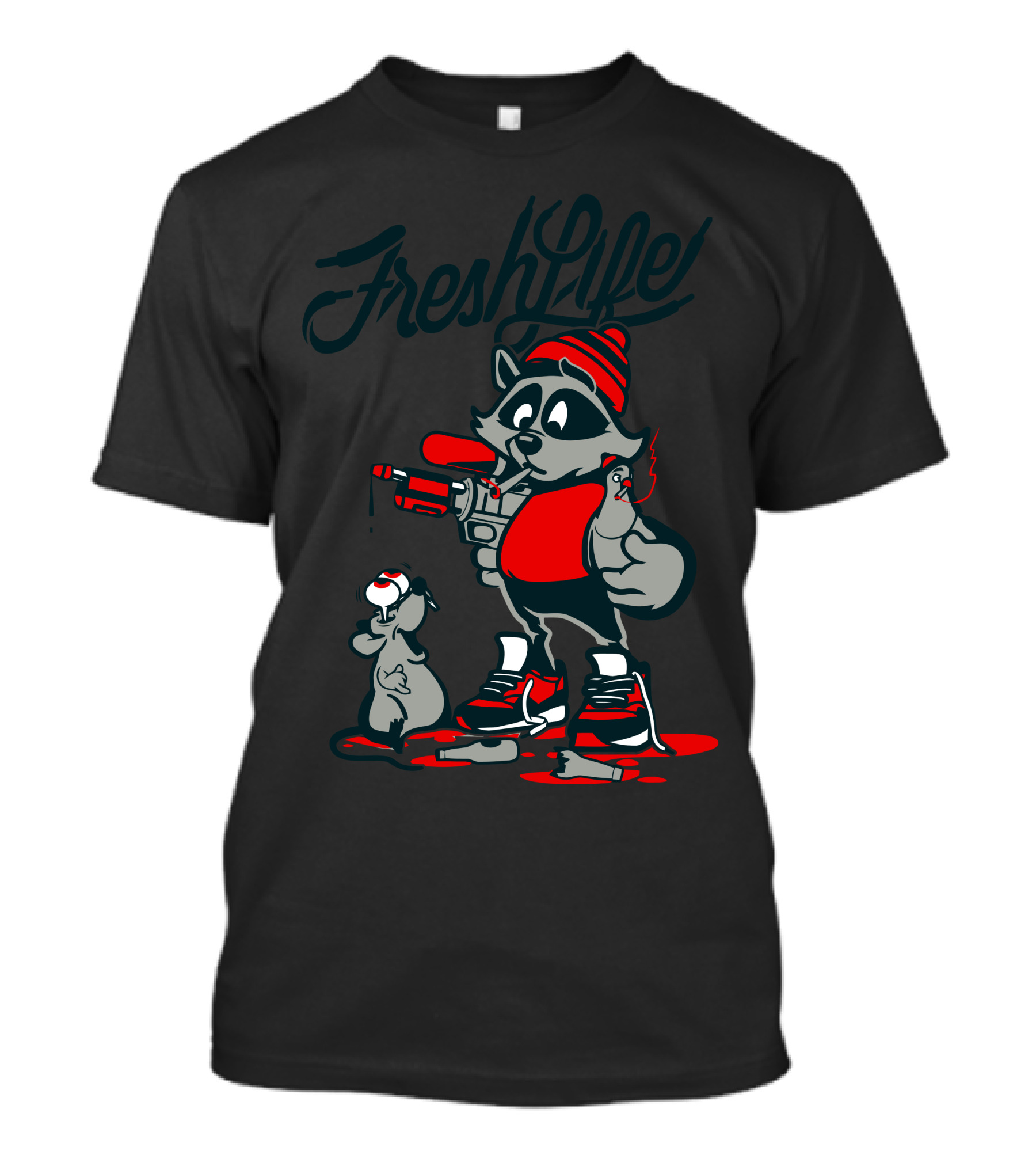 Fresh Life Raccoon With Paint Roller And Dog In Streetwear T-Shirt
