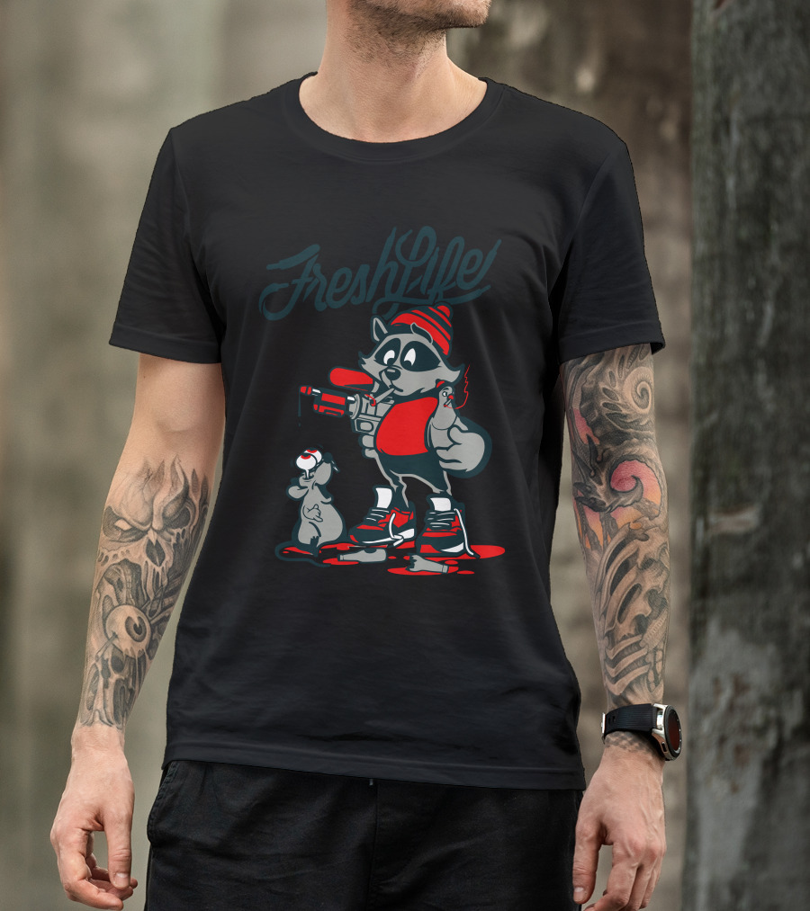 Fresh Life Raccoon With Paint Roller And Dog In Streetwear T-Shirt