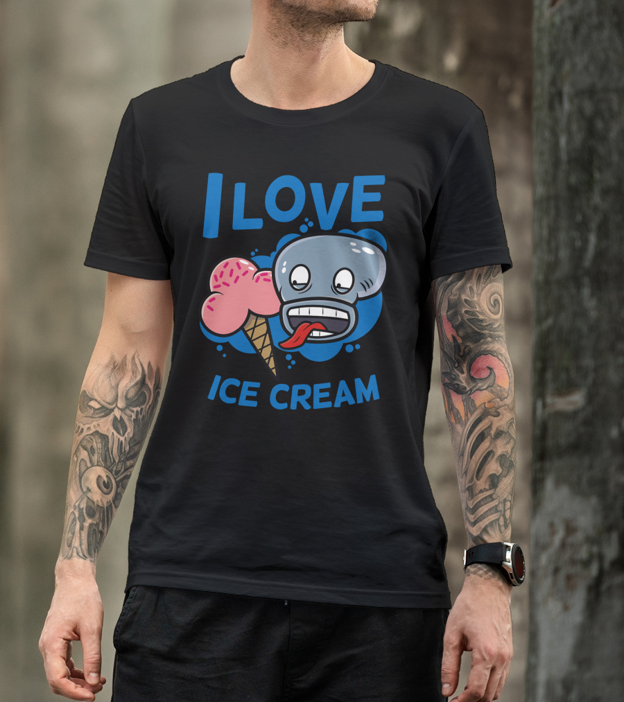 I Love Ice Cream Funny Blue Face Licking Cartoon Cone T-Shirt