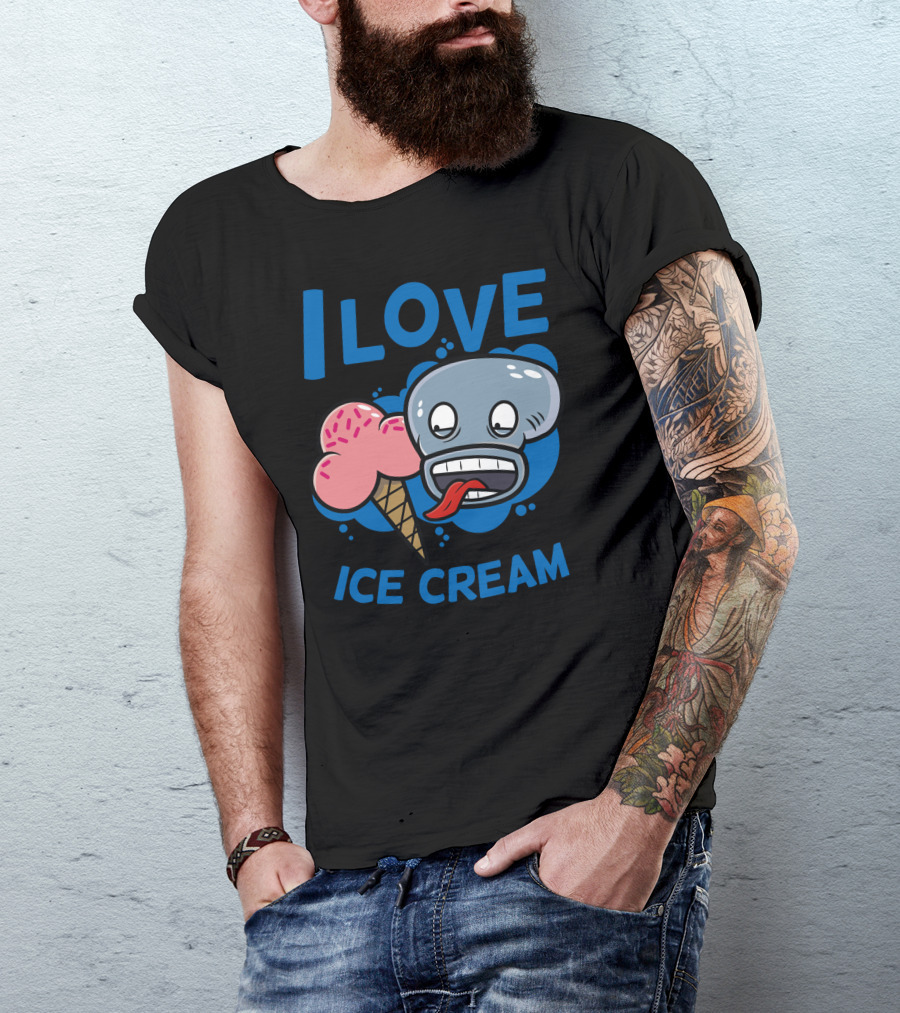 I Love Ice Cream Funny Blue Face Licking Cartoon Cone T-Shirt