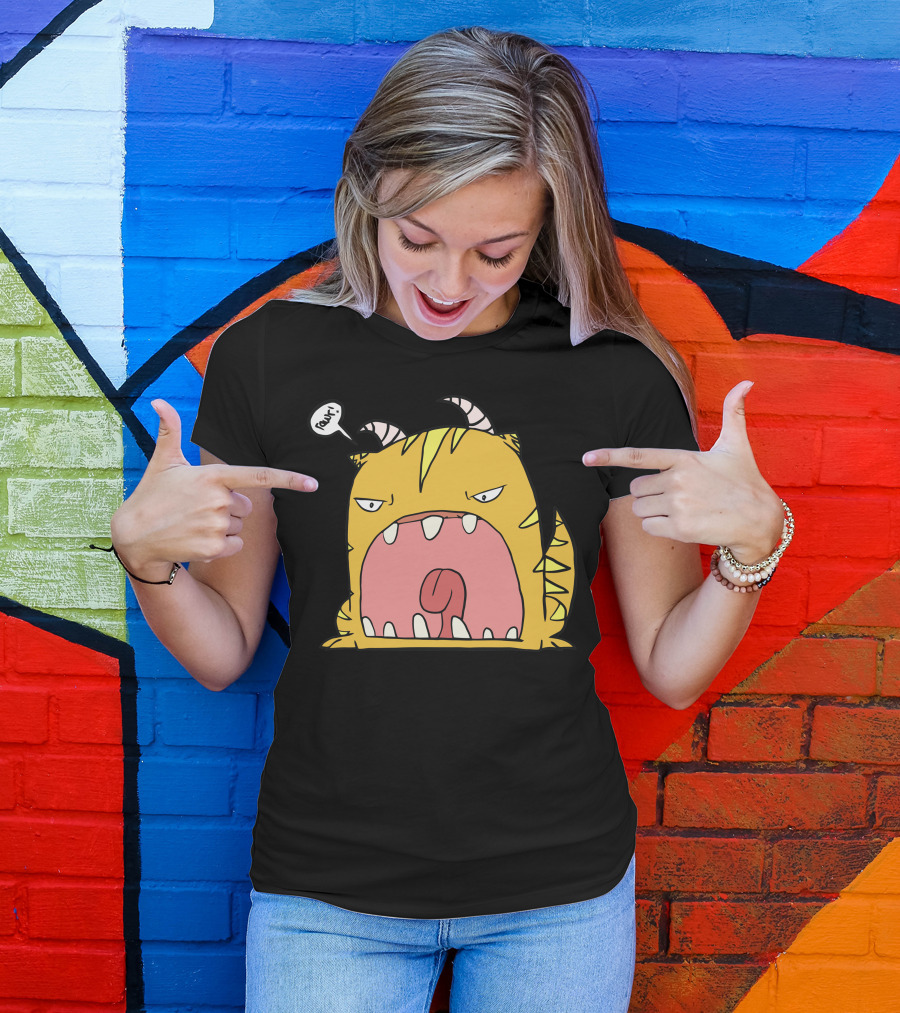 Ima Monster Rawr Yellow Cartoon Creature With Horns Large Mouth T-Shirt