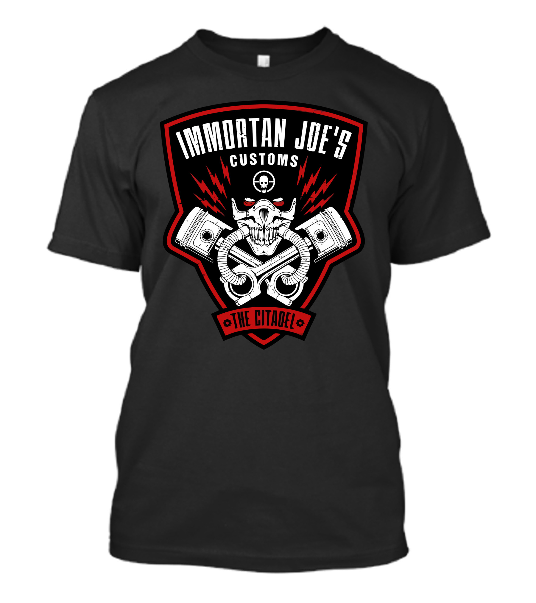 Immortan Joe's Customs The Citadel Skull Emblem With Pistons And Lightning Bolts T-Shirt