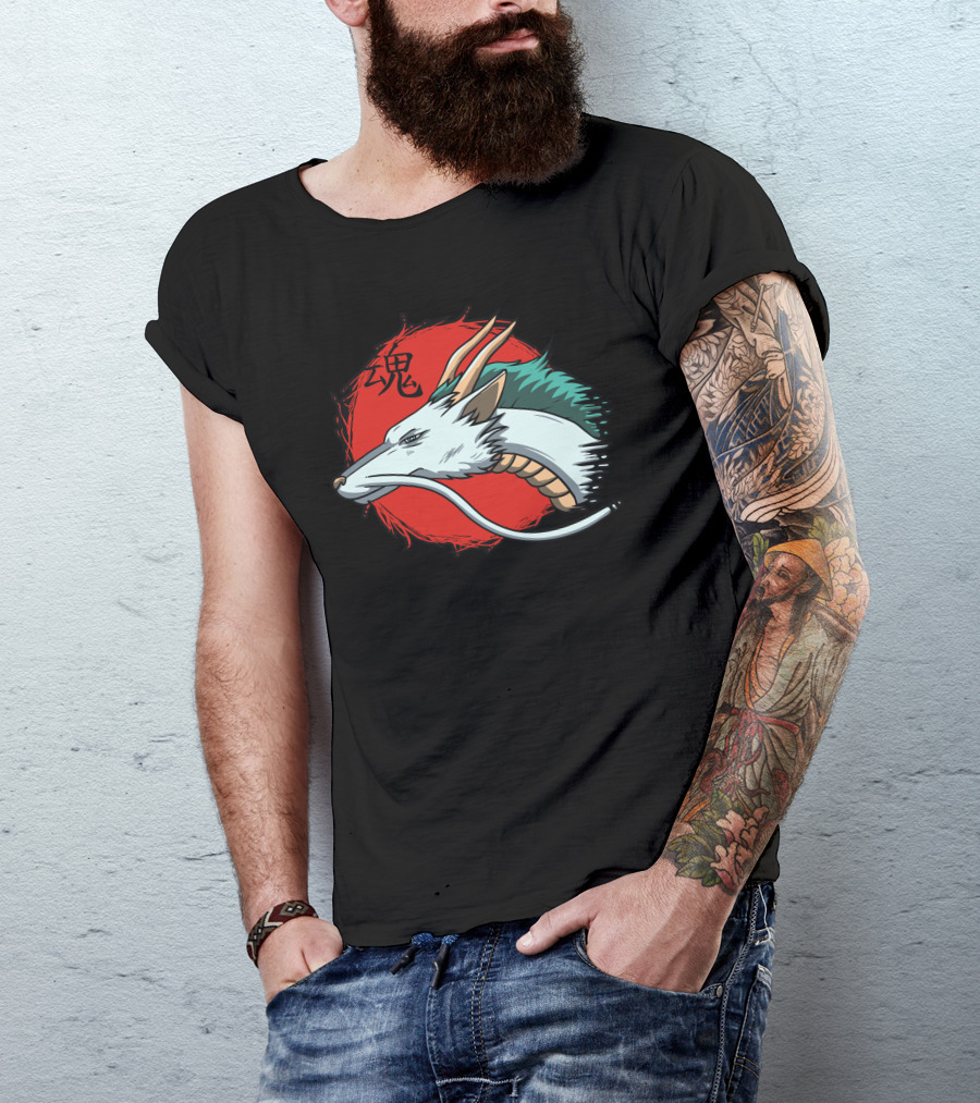 White Dragon With Red Sun And Japanese Kanji For Spirit T-Shirt