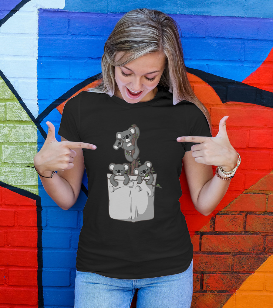 Pocket Koala Bears Trio On Tree Branch In Pocket T-Shirt
