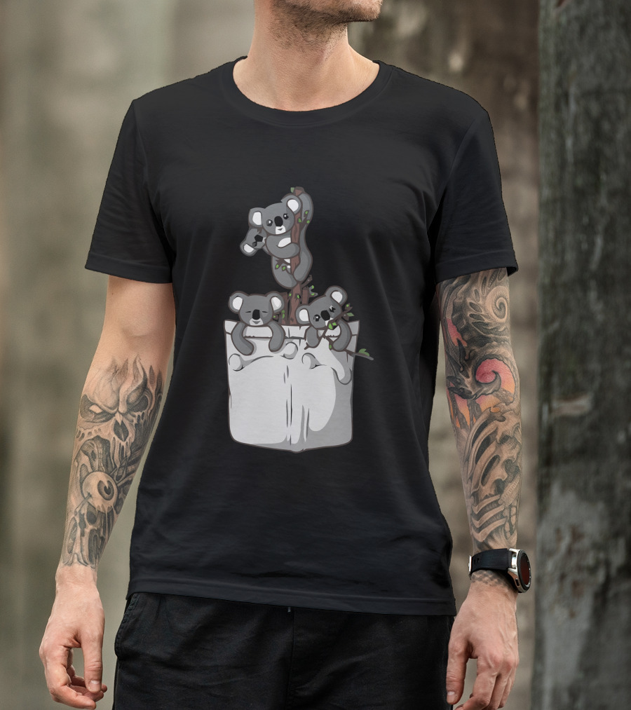 Pocket Koala Bears Trio On Tree Branch In Pocket T-Shirt